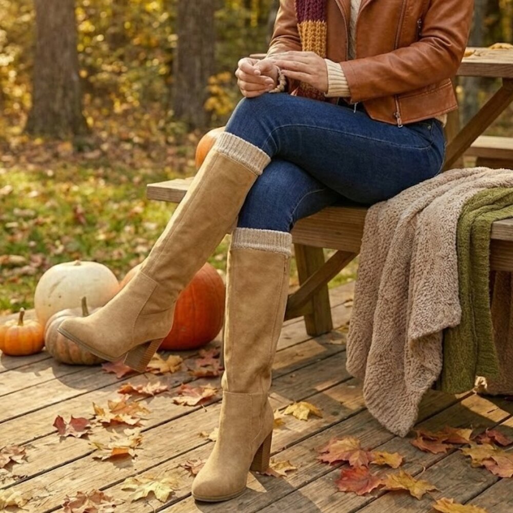 NWT SODA Camel Tan Faux Suede Knee High Boots 3.5" Block Heel Pointed Toe - Picture 6 of 6